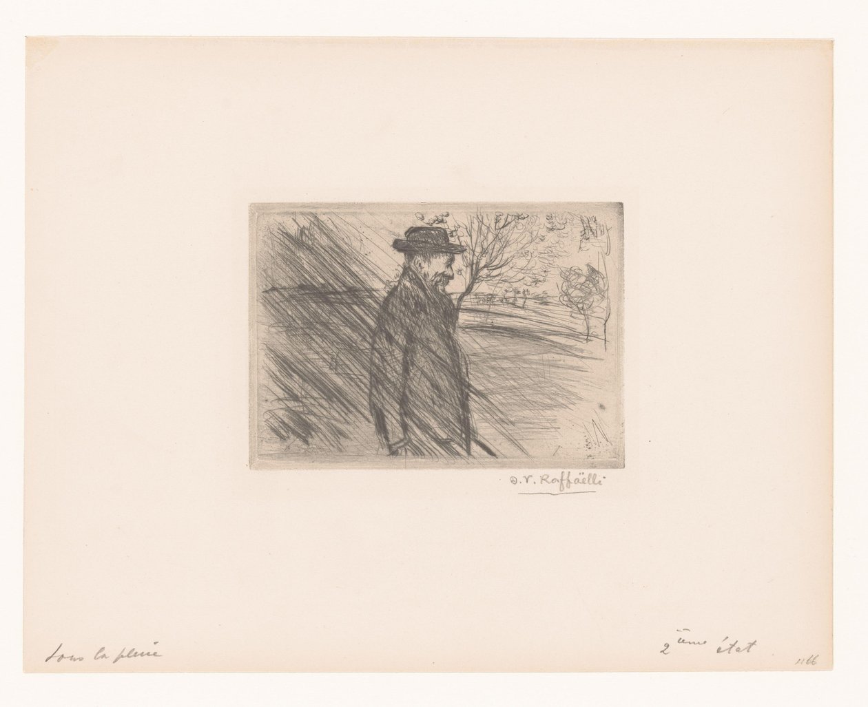 Man i hatt i regnet Sous la pluie av Jean François Raffaëlli (signed by artist)