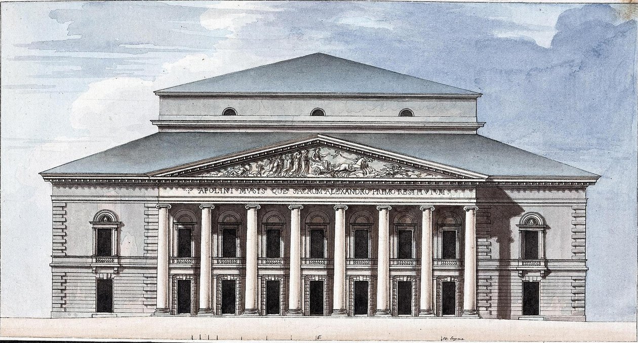 Fasaden på Sankt Petersburgs kejserliga Bolshoi Kamenny-teatern, 1802 av Jean François Thomas de Thomon