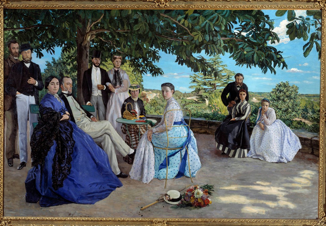 Familjemöte: porträtt av en fransk borgarfamilj samlad i en trädgård. Från vänster till höger: Jean Frederic Bazille, hans farbror Monsieur des Hours, hans mor och far, hans kusin Pauline och hennes man Monsieur Teulon, hans faster Madame des Hours och av Jean Frederic Bazille