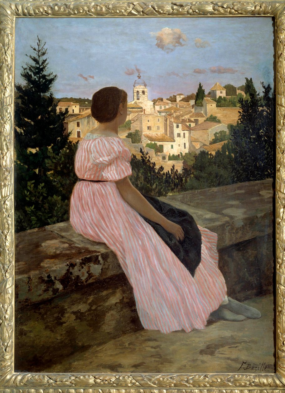 Rosa klänning eller utsikt över Castelnau le Lez (eller Castelnau-le-Lez, Herault). Porträtt av konstnärens systerdotter, Therese des Hours. Målning av Jean Frederic Bazille (1841-1870) 1864 sön. 1,4x1,1 m. Olja på duk. Paris, musee d