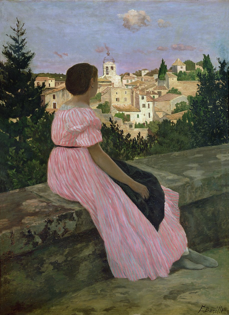 Den rosa klänningen, eller utsikt över Castelnau-le-Lez, Herault, 1864 av Jean Frederic Bazille