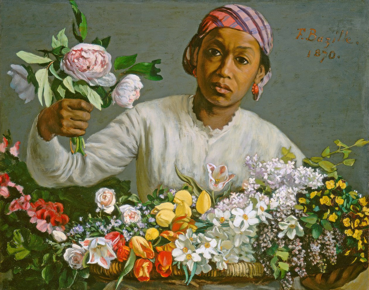 Ung kvinna med pioner, 1870 av Jean Frederic Bazille