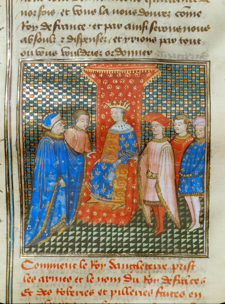 Den engelske kungen Edward III på sin tron, klädd i en tunika med engelska och franska emblem, lyssnar på ett tal avRobert av Artois ... av Jean Froissart