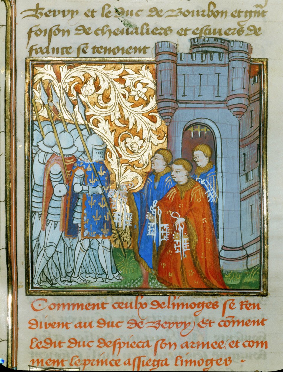 Tre magistrater i Limoges, iklädda högtidsdräkter, överlämnar stadens nycklar till hertigen av Berry... av Jean Froissart
