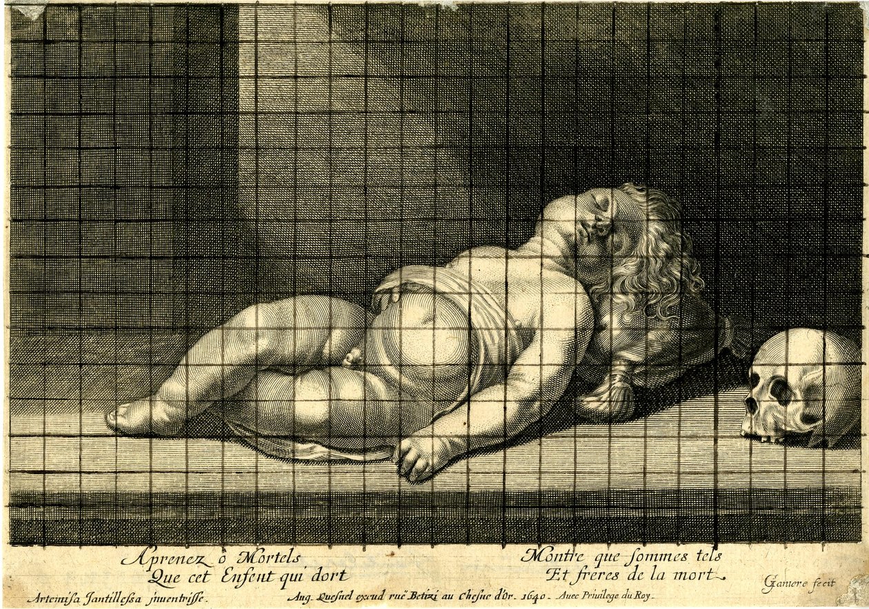 Jean Ganière - Barn som sover med huvudet vilande på en kudde; dödskalle till höger. 1640 av Jean Ganière