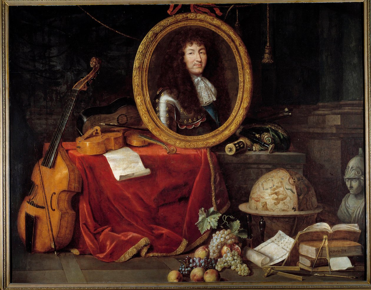 Porträtt av Ludvig XIV, kung av Frankrike (1638-1715), beskyddare av konst och vetenskap. Porträttet av kungen är omgivet av musikinstrument (viola de gamba, violingitarr) och vetenskapliga instrument (torg, himlaklot, kompas). Målning av Jean Ga av Jean Garnier