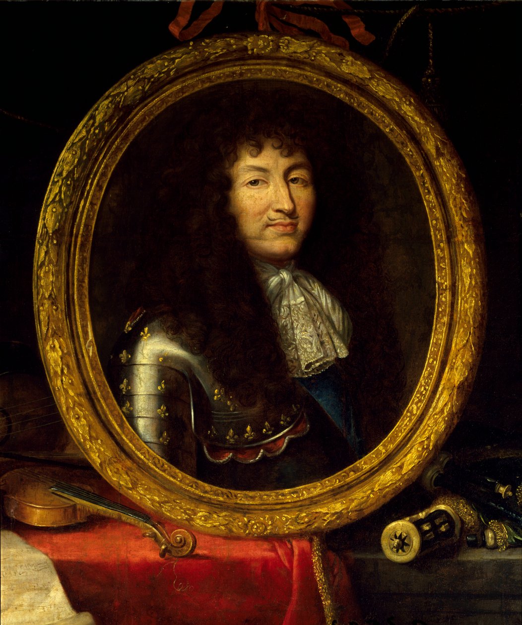 Porträtt av Ludvig XIV, kung av Frankrike (1638-1715), beskyddare av konst och vetenskap. Porträttet av kungen är omgivet av musikinstrument (viola de gamba, violingitarr) och vetenskapliga instrument (torg, himlaklot, kompas). Detalj. Målar av av Jean Garnier