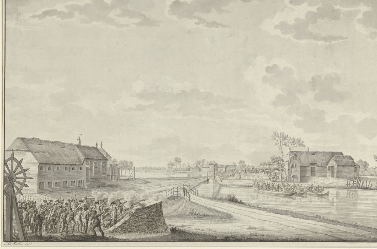 Preussarnas attack under överste Van Brush på Duivendrecht-bron, 1 oktober 1787 av Jean George Teissier (signed by artist)