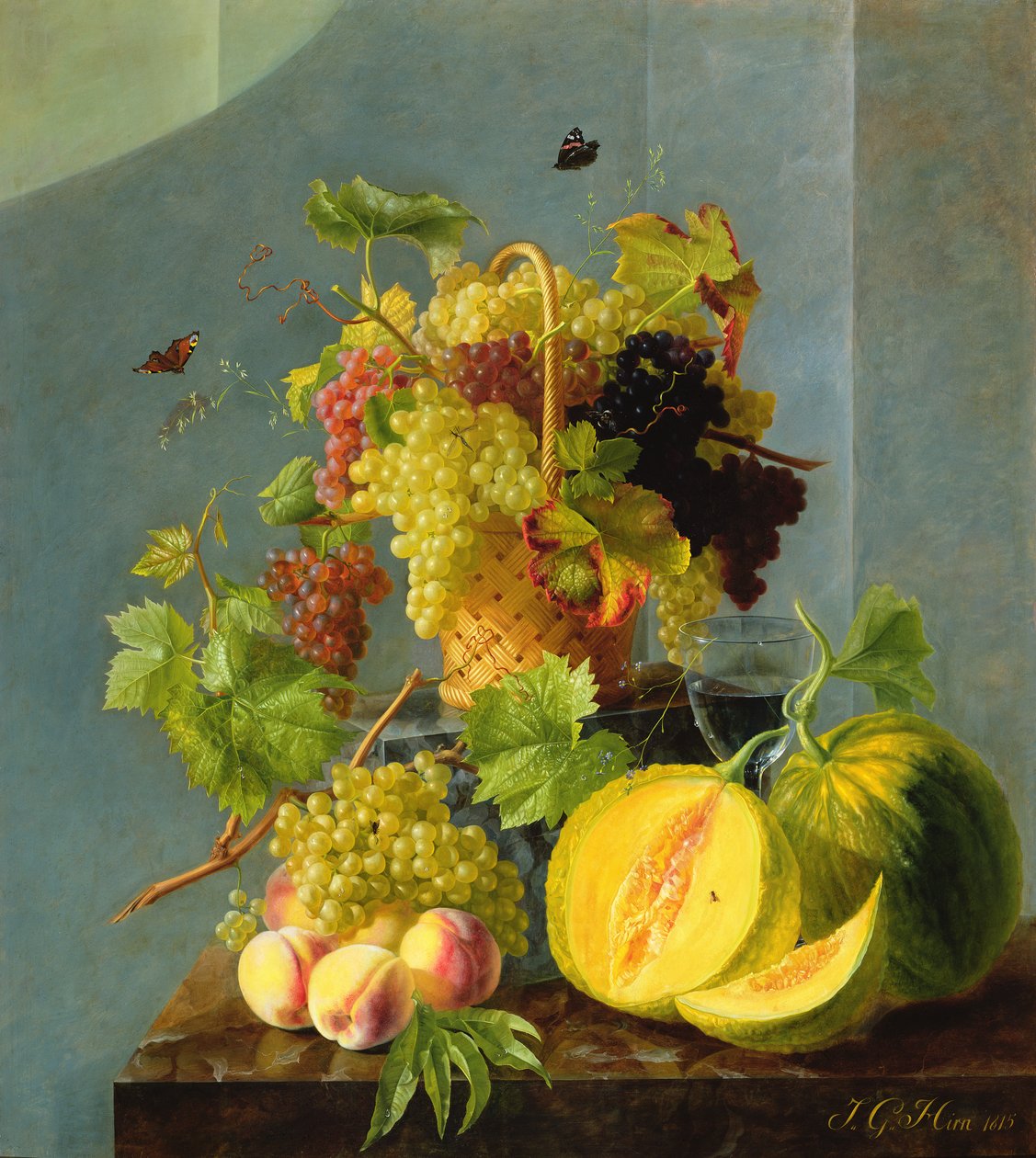 Stilleben med korg med druvor och meloner, 1815 (olja på koppar) av Jean Georges Hirn