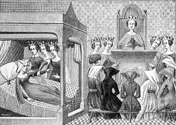 De tre dygderna, förnuftet, uppriktigheten och rättvisan, uppmanar Christina de Pisan (ca 1364-1410) att skriva en bok om etik för damernas undervisning, illustration från Science and Literature in the Middle av Jean Georges after Huyot