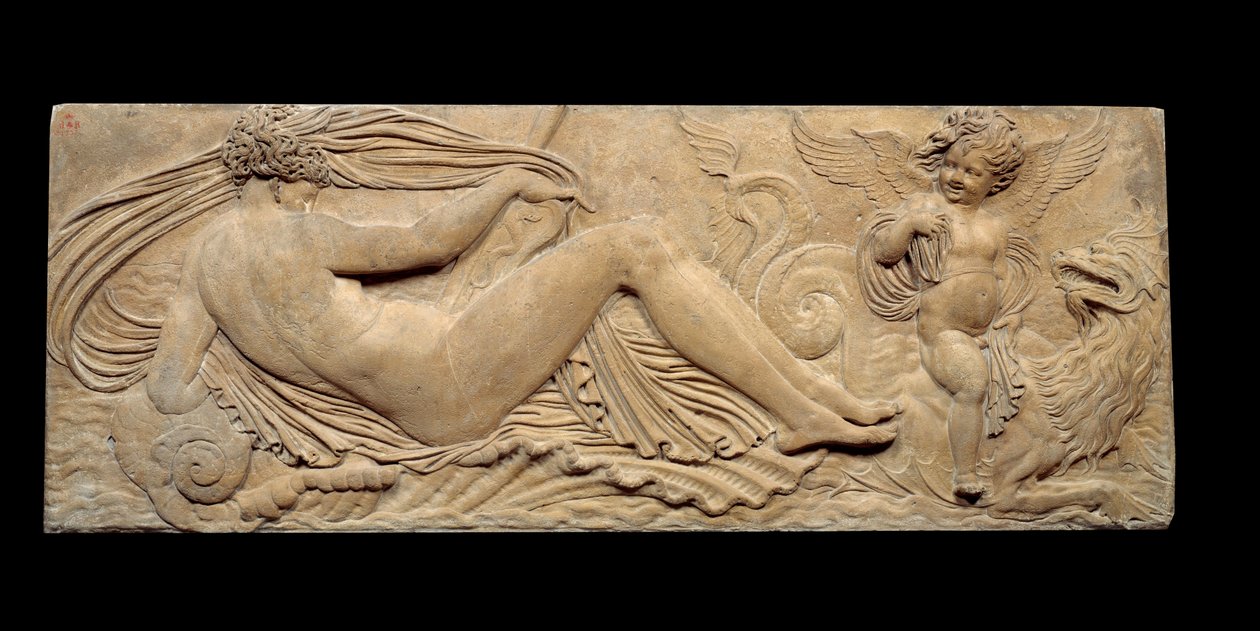 Nymf och liten ande rider på en marinhäst; Nymf och Triton omgiven av två små andar. Låg lättnad. Stenskulptur av Jean Goujon (1510-1567) av Jean Goujon