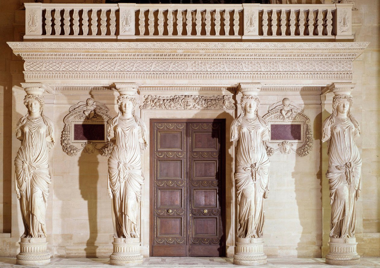 Renässansarkitektur: balkongen på Cariatides. Stenskulptur av Jean Goujon (1510-1567) 1500-talets Paris, Louvren av Jean Goujon