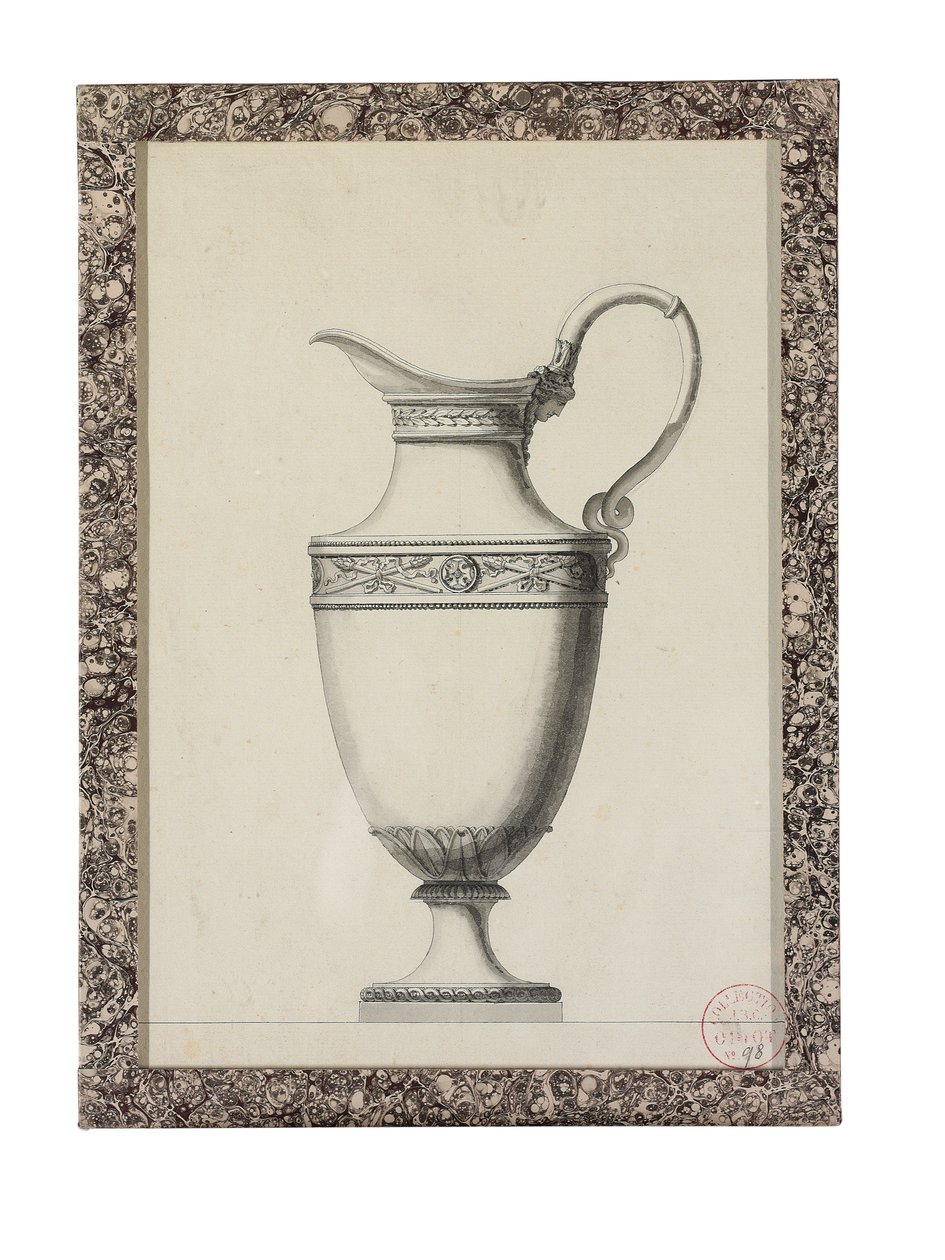 Design för en ewer med ett grekiskt maskhandtag (svart bly, penna och svart bläck, grått och svart tvätt på papper) av Jean Guillaume Moitte