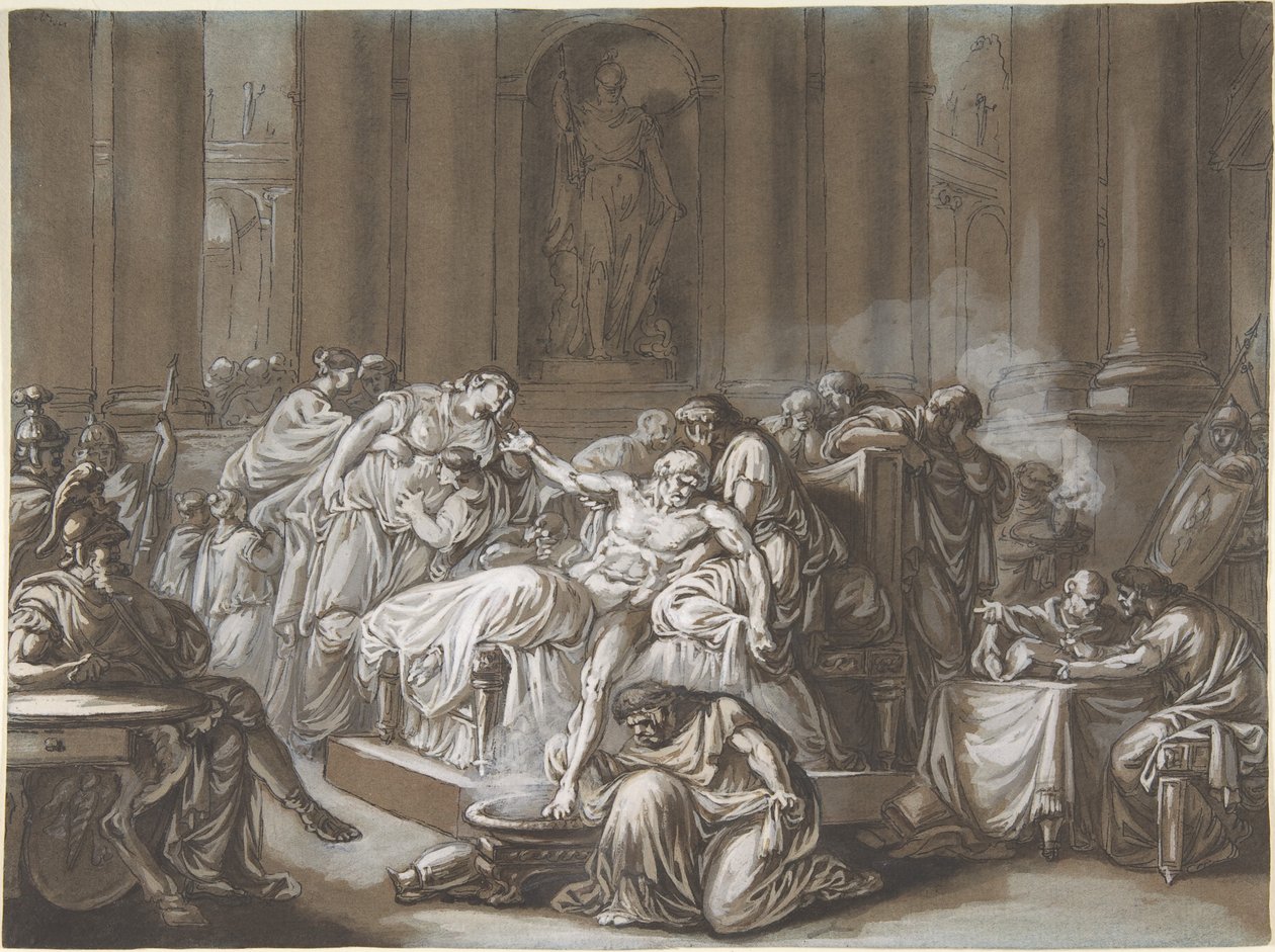 The Death of Seneca (penna & svart bläck, pensel och brun tvätt, förhöjd med vit gouache på blått papper) av Jean Guillaume Moitte
