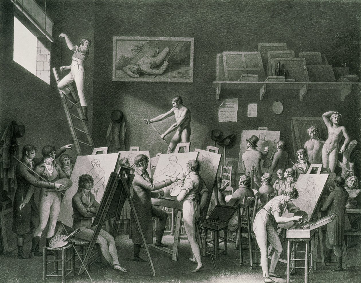 The Studio of Jacques Louis David (1748-1825) av Jean Henri Cless