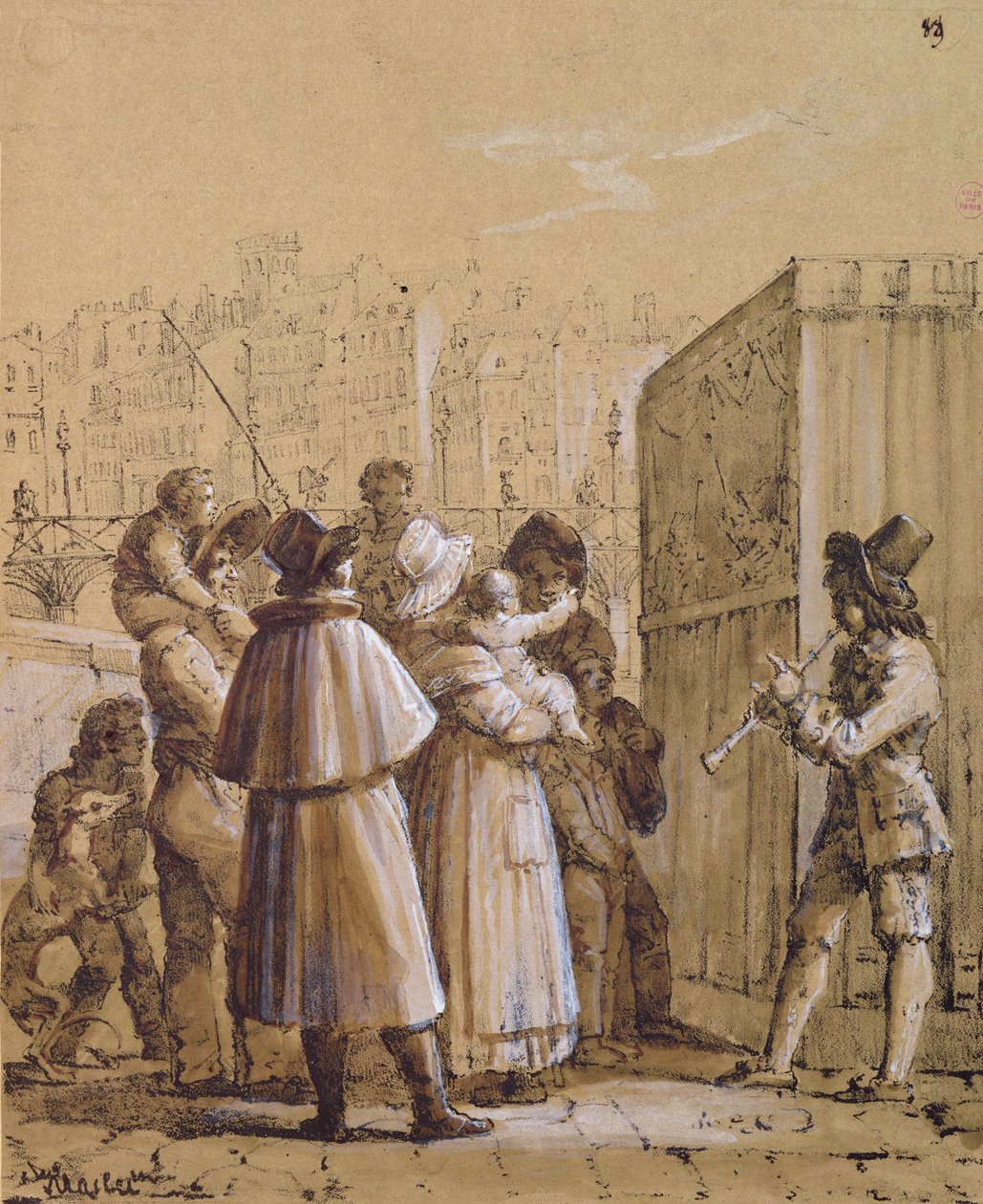 1 åskådare som tittar på en Pulcinella-show nära Pont des Arts i Paris av Jean Henri Marlet
