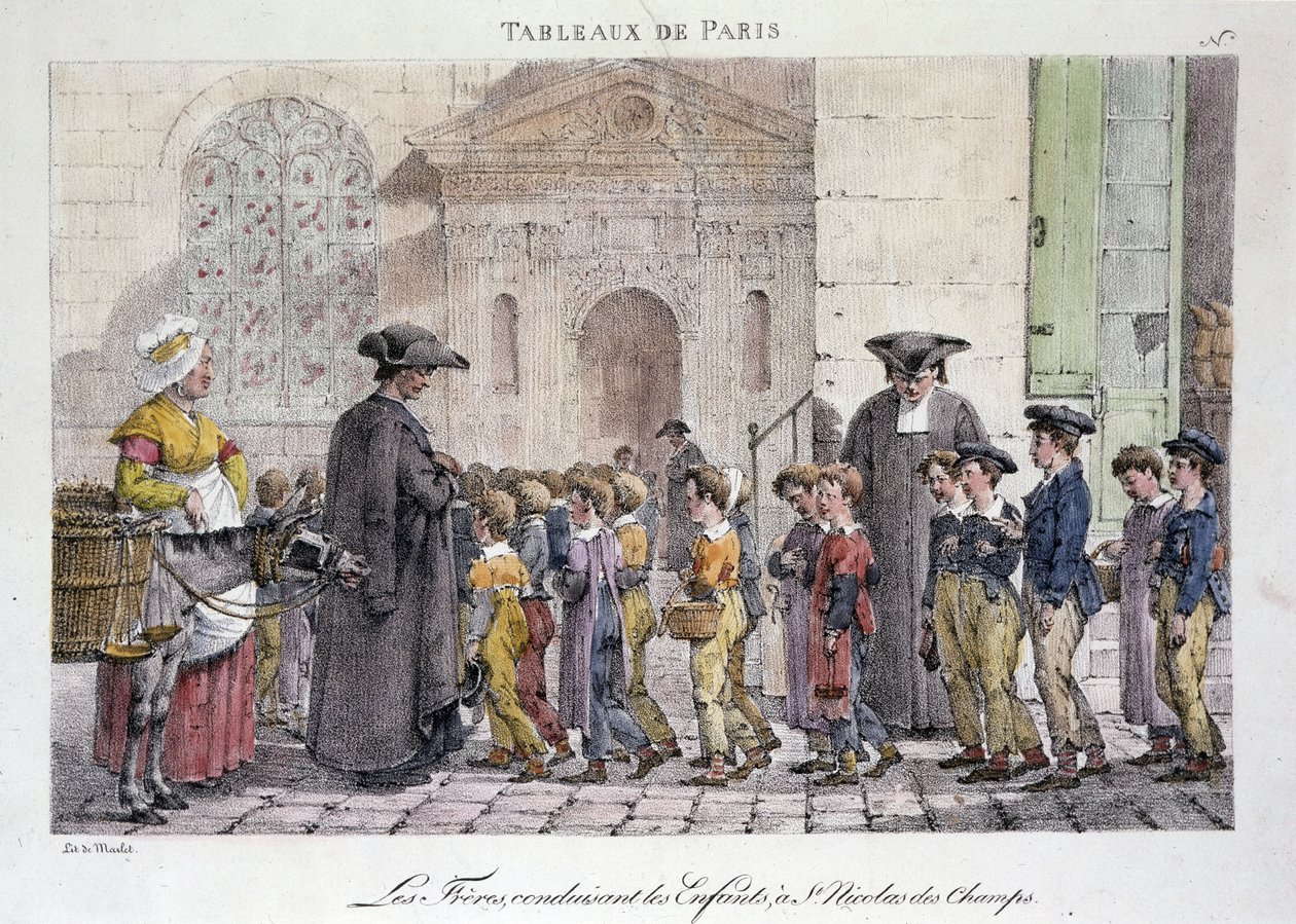 Tidigare gatuhandel i Paris: bröderna körde barnen till Saint Nicolas des Champs (Saint-Nicolas-des-Champs), Katolska skolan - Gravyr av Jean Henry Marlet (1771-1847) i "" Les Tableaux de Paris"", serie av 72 tryck, sent 1800-tal av Jean Henri Marlet