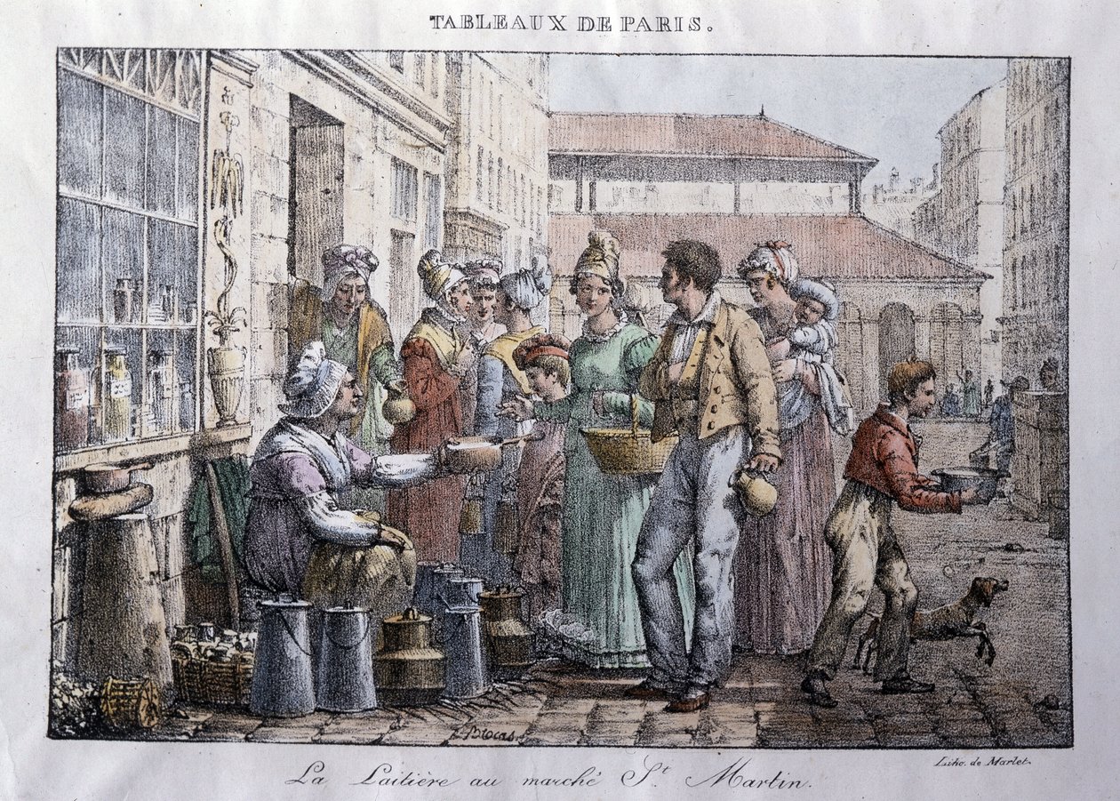 Gammal handel på gatorna i Paris: Mjölkpigan på Saint Martin-marknaden (Saint-Martin) - Gravyr av Jean Henry Marlet (1771-1847) i "" Les Tableaux de Paris", serie med 72 tryck, slutet av 19:e århundrade av Jean Henri Marlet