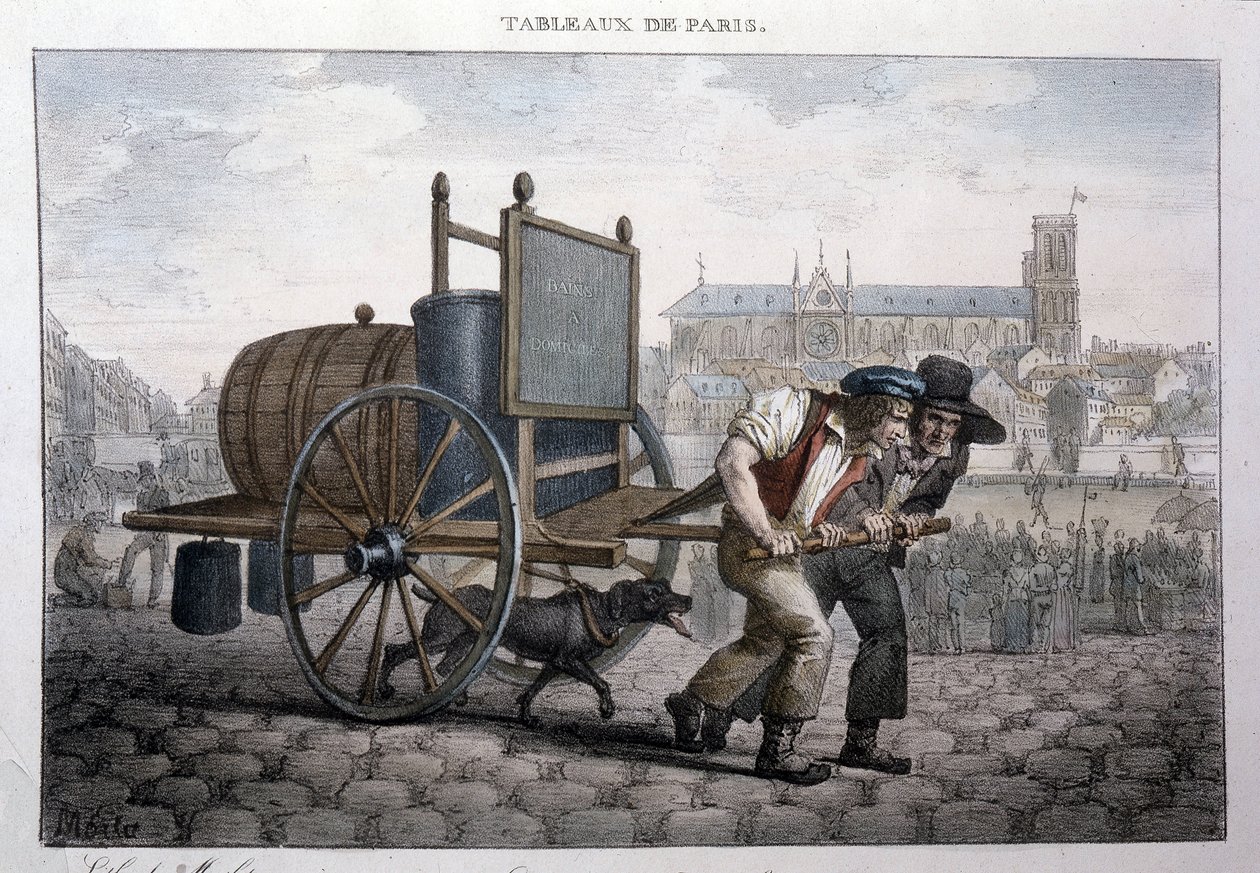 Tidigare gatumetier i Paris: bad hemma (två män drar en vagn med en tunna fylld med vatten). Gravyr av Jean Henry Marlet (1771-1847) i "" Les Tableaux de Paris", serie med 72 tryck, sent 1800-tal. av Jean Henri Marlet