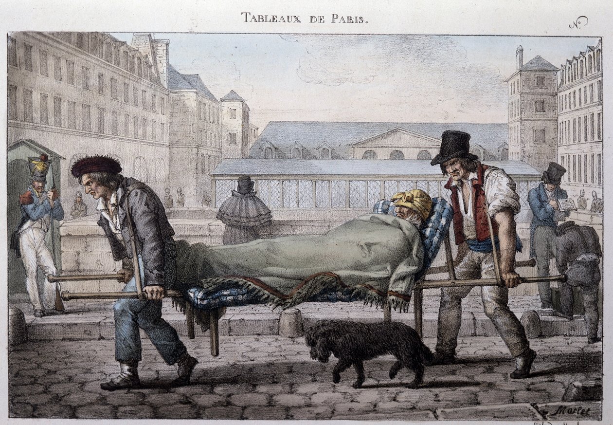 Tidigare gatumetier i Paris: den stackars patienten leder till sjukhuset vid bårarna. Gravyr av Jean Henry Marlet (1771-1847) i "" Les Tableaux de Paris", serie med 72 tryck, sent 1800-tal. av Jean Henri Marlet