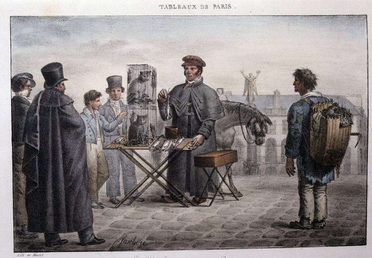 Tidigare gatumetier i Paris: råttdödshandlaren (camelot). Gravyr av Jean Henri Market (1771-1847) i "" Les Tableaux de Paris", serie med 72 tryck, sent 1800-tal. av Jean Henri Marlet