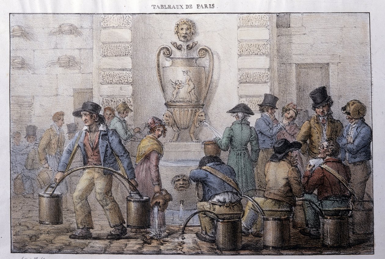 Tidigare gatumetier i Paris: vattenbärare framför en fontän. Gravyr av Jean Henry Marlet (1771-1847) i "" Les Tableaux de Paris", serie med 72 tryck, sent 1800-tal. av Jean Henri Marlet