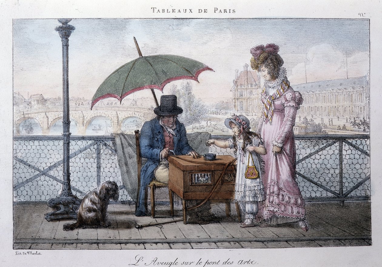 Gammal gatubild i Paris: blind tiggare på konstens bro. Gravyr av Jean Henry Marlet (1771-1847) i "" Les Tableaux de Paris", serie med 72 tryck, sent 1800-tal. av Jean Henri Marlet