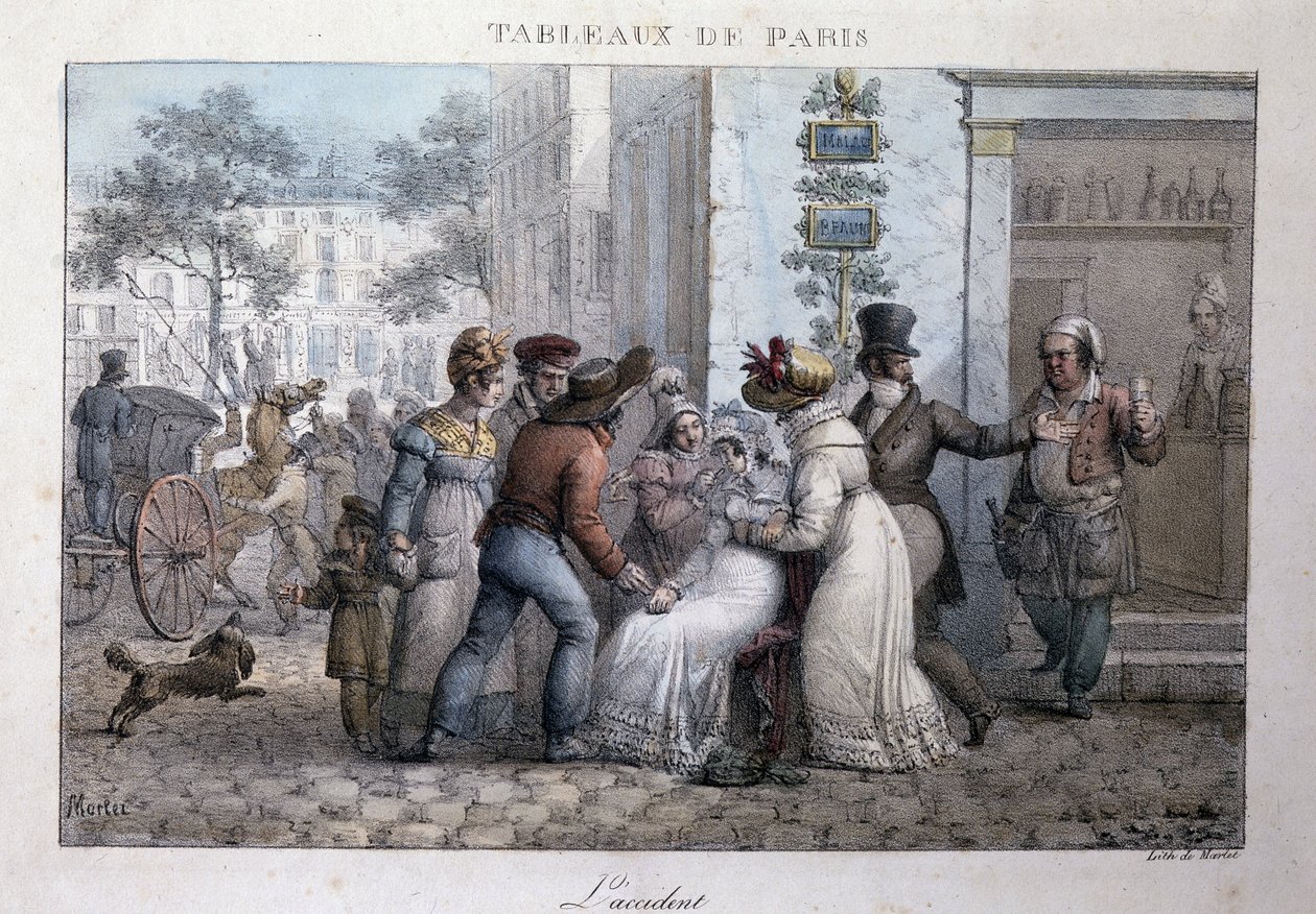 Gammal gatubild i Paris: olyckan (kvinna med stöd av förbipasserande). Gravyr av Jean Henry Marlet (1771-1847) i "" Les Tableaux de Paris", serie med 72 tryck, sent 1800-tal. av Jean Henri Marlet