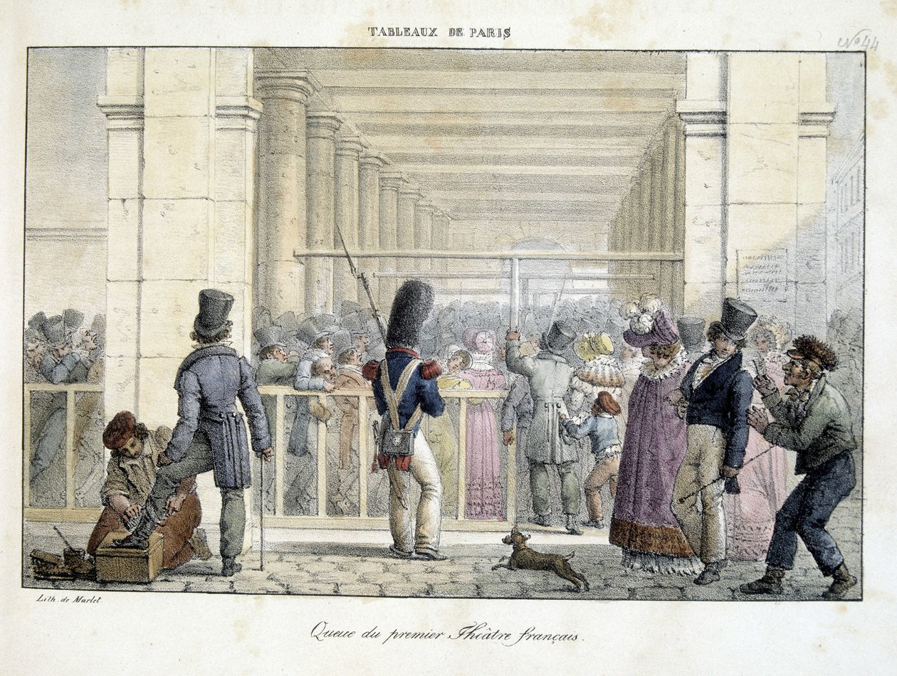Kö vid Premier Théâtre Français, - litografi av marknaden, i "" Tableaux de Paris"" av Jean Henri Marlet