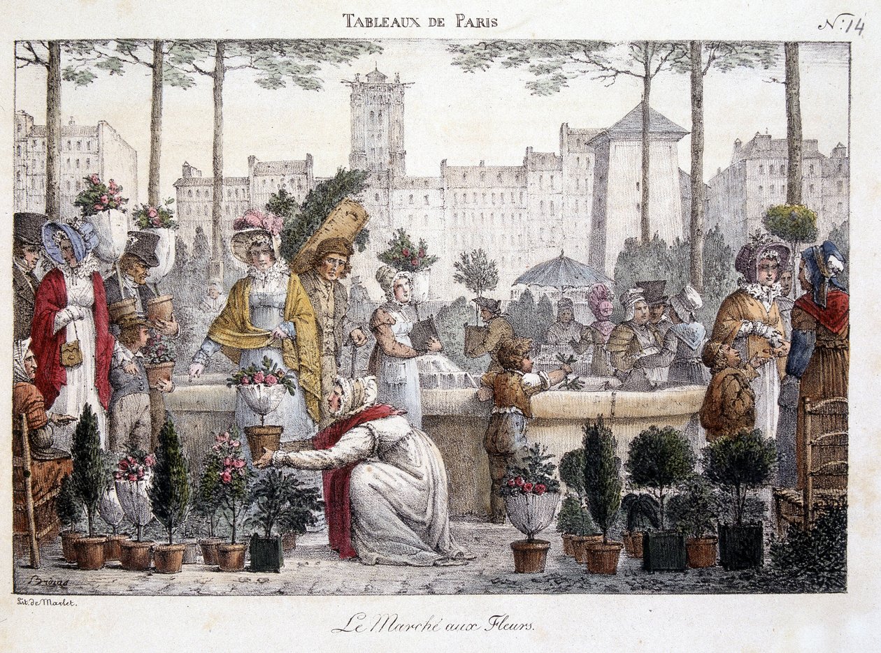Blomstermarknaden - litografi av Brocas av Jean Henri Marlet