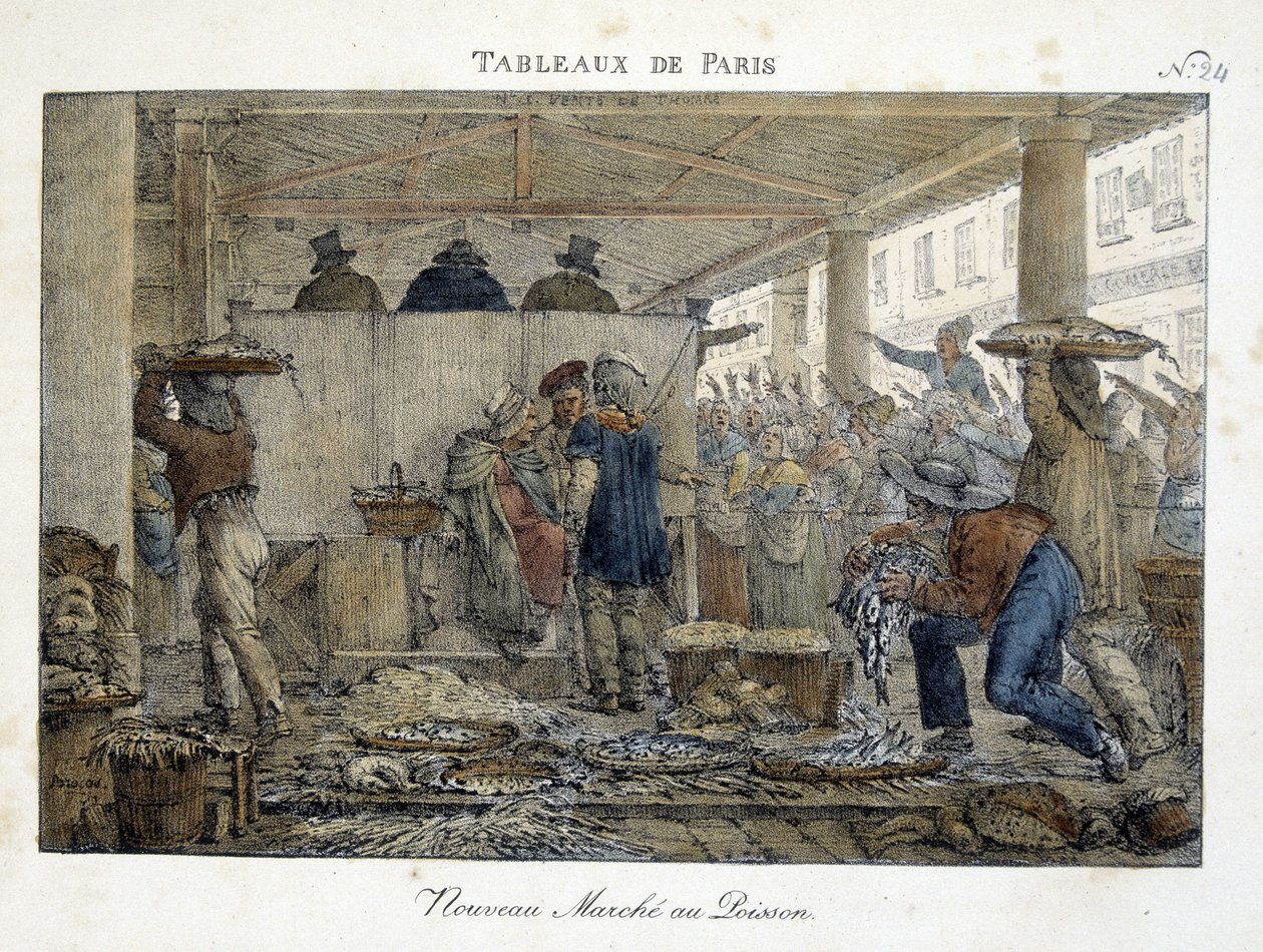 Den nya fiskmarknaden i Paris - litografi av Brocas av Jean Henri Marlet