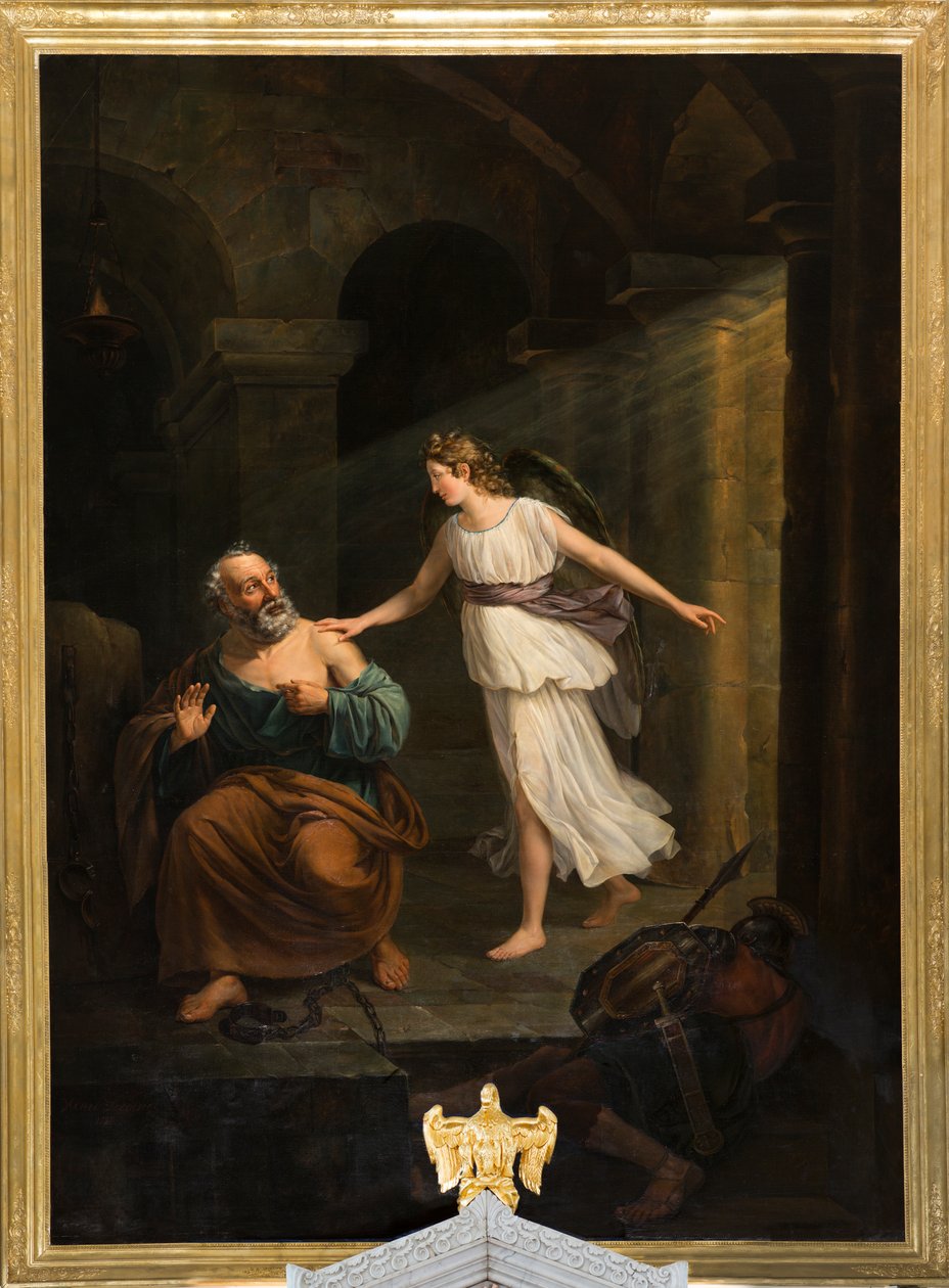 Sockenkyrka (Nederbrakel, Sockenkyrkan Sint-Pieter-in-de-Banden). Interiör. målning. "Sankte Petrus befriad av ängeln och Thomas". Jean-Henri DeCoene. Omkring 1835. av Jean Henri de Coene