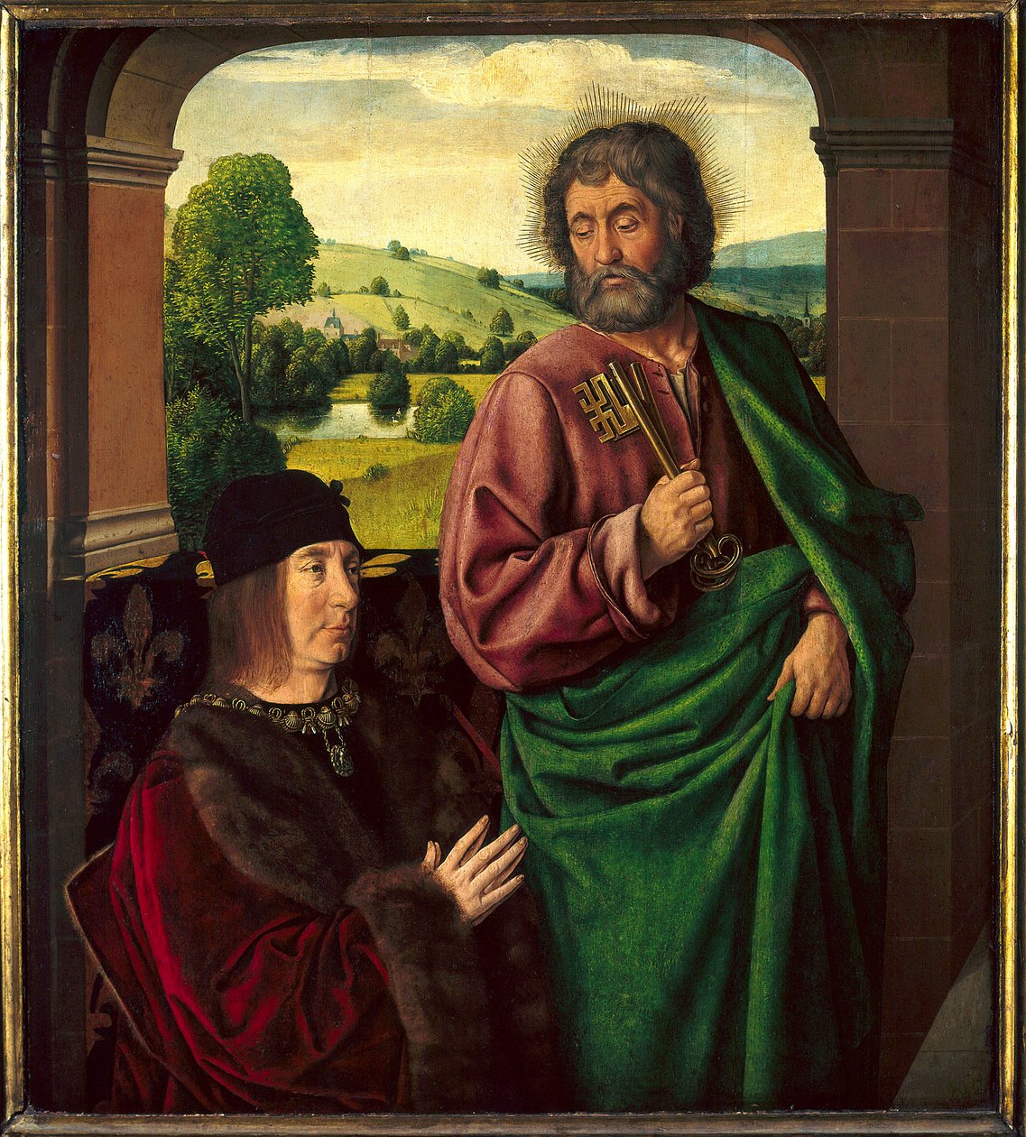 Porträtt av Pierre II de Beaujeu, hertig av Bourbon (1439-1505) Presenterat av Saint Pierre Målning av Maitre de Moulins eller Jean Hey (1450-1505). Sön 0,73 X 0,65 m av Jean Hey