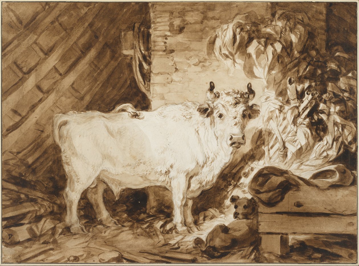 Vit tjur och en hund i ett stall av Jean Honore Fragonard