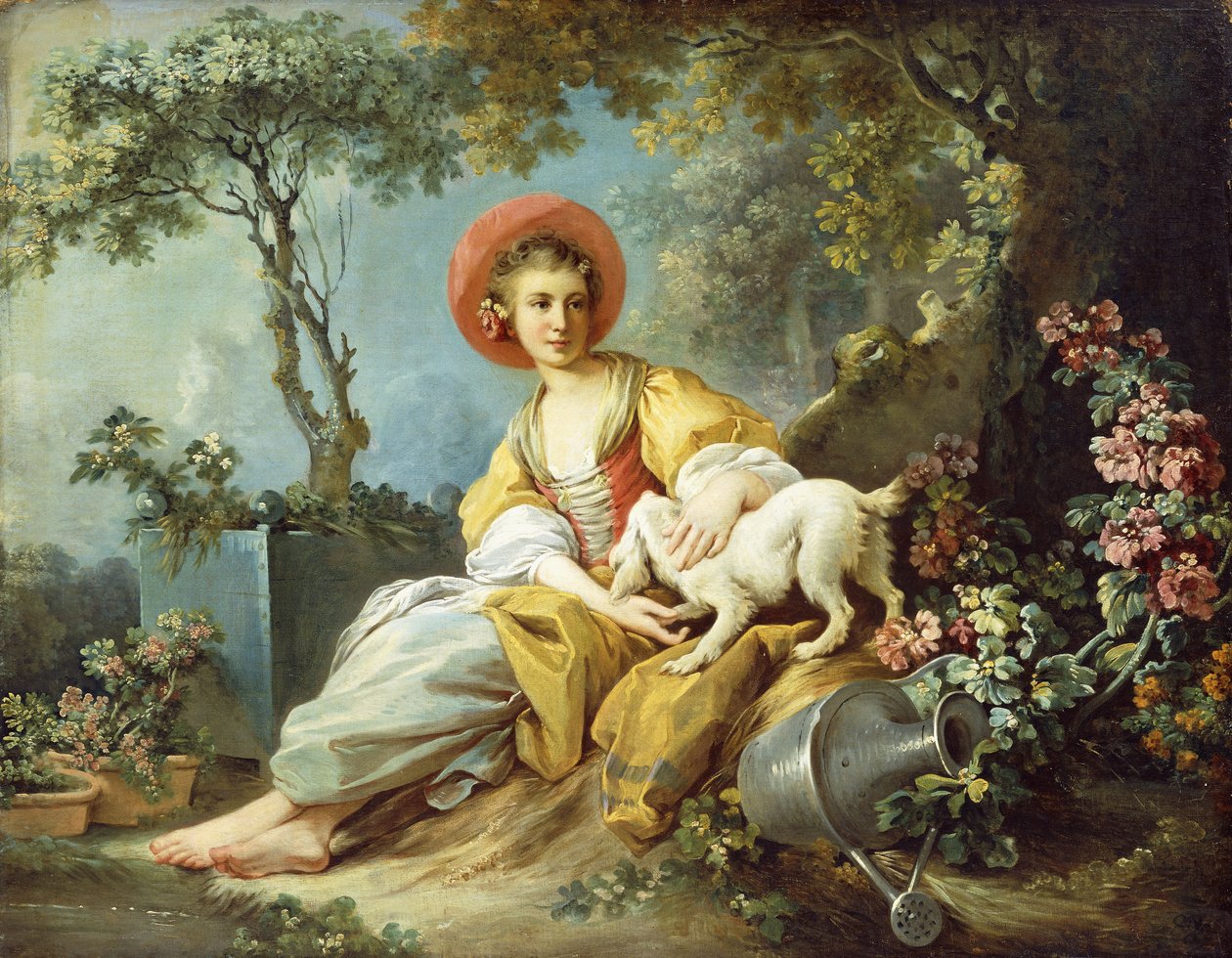 En ung kvinna sitter med en hund och en vattenkanna i en trädgård, av Jean Honore Fragonard
