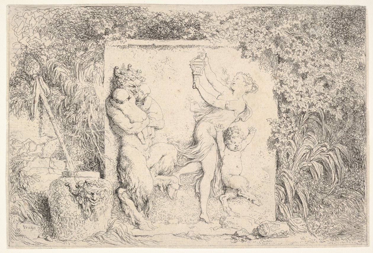 En basrelief föreställande en satyr till vänster som håller två spädbarn, en annan barnsatyr till höger..., 1763. av Jean Honore Fragonard