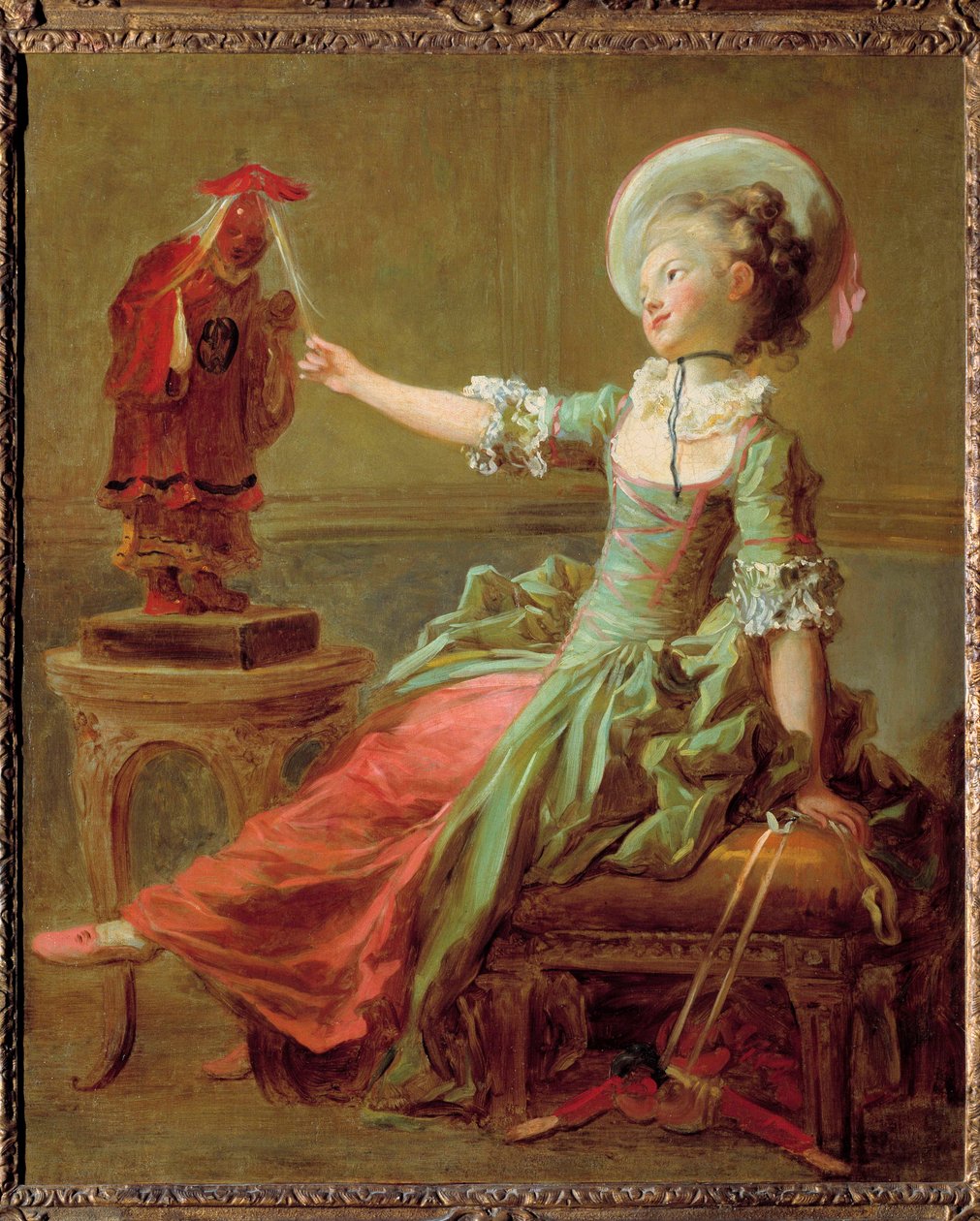 En ung flicka har roligt med en kinesisk staty som drar i håret. Målning av Jean Honore Fragonard (1732-1806) Privat samling från 1700-talet av Jean Honore Fragonard