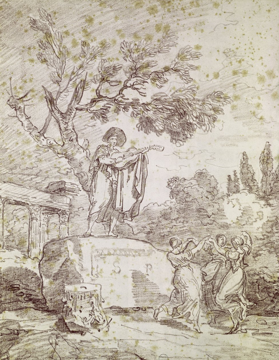 En italiensk gitarrist spelar för tre dansande flickor (rödkrita på papper) av Jean Honore Fragonard