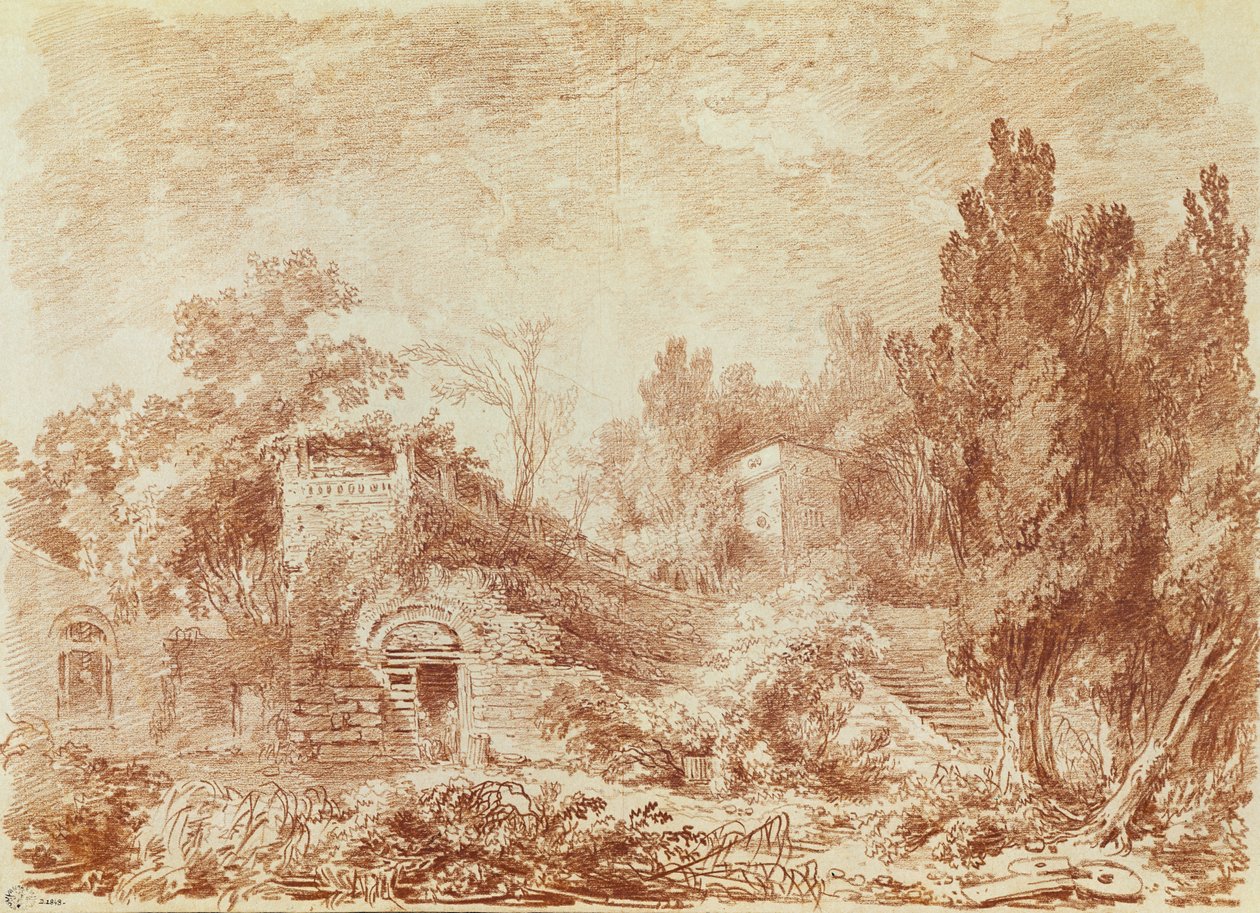 Ancient Theatre, Hadrianus Villa, nära Tivoli (röd krita på papper) av Jean Honore Fragonard