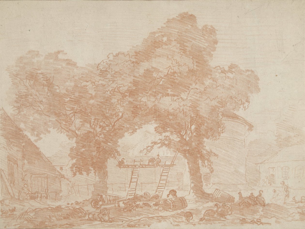 Gårdsgård med två träd, med stegar emellan av Jean Honore Fragonard