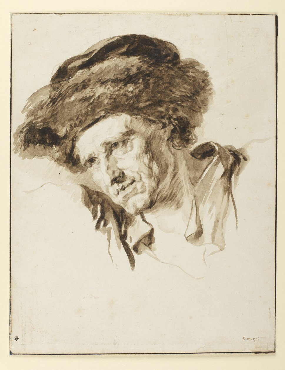 Huvud på en man som bär en pälsmössa, 1774 (penna och bläck, tvätt och grafit på papper) av Jean Honore Fragonard