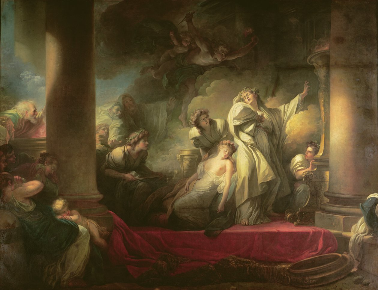 Översteprästen Coresus offrar sig själv för att rädda Callirhoe, scen från "Description of Greece" av Pausanias (2:a århundradet e.Kr.) 1765 av Jean Honore Fragonard