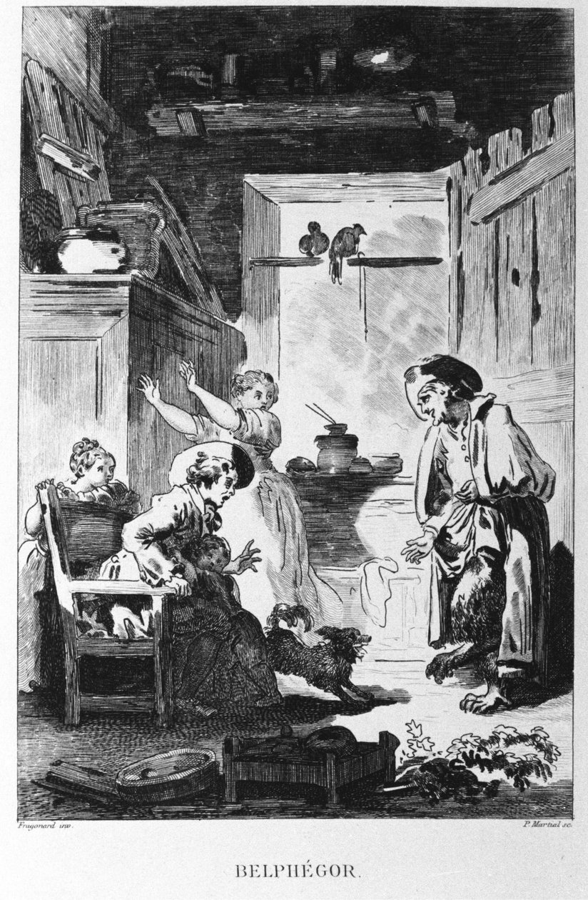 Illustration av Jean Honore Fragonard (1732-1806) till fabeln av Jean de la Fontaine (1621-1695) "" Belphegor"". Gravyr. av Jean Honore Fragonard