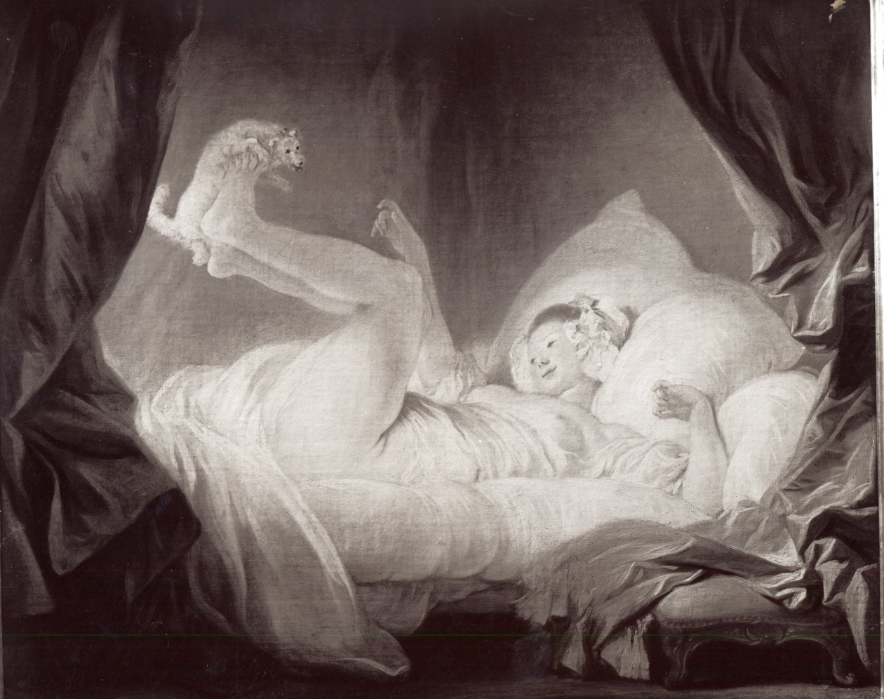 La Gimblette eller ung flicka som får sin hund att dansa på sin säng (olja på duk) (s/v foto) av Jean Honore Fragonard
