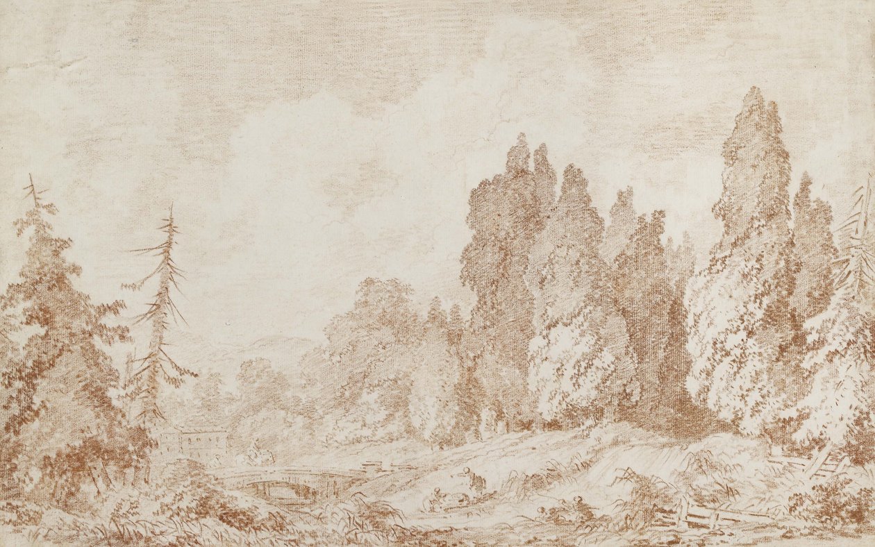 Landskap med en bro, ca 1760 (röd krita på benvitt papper) av Jean Honore Fragonard