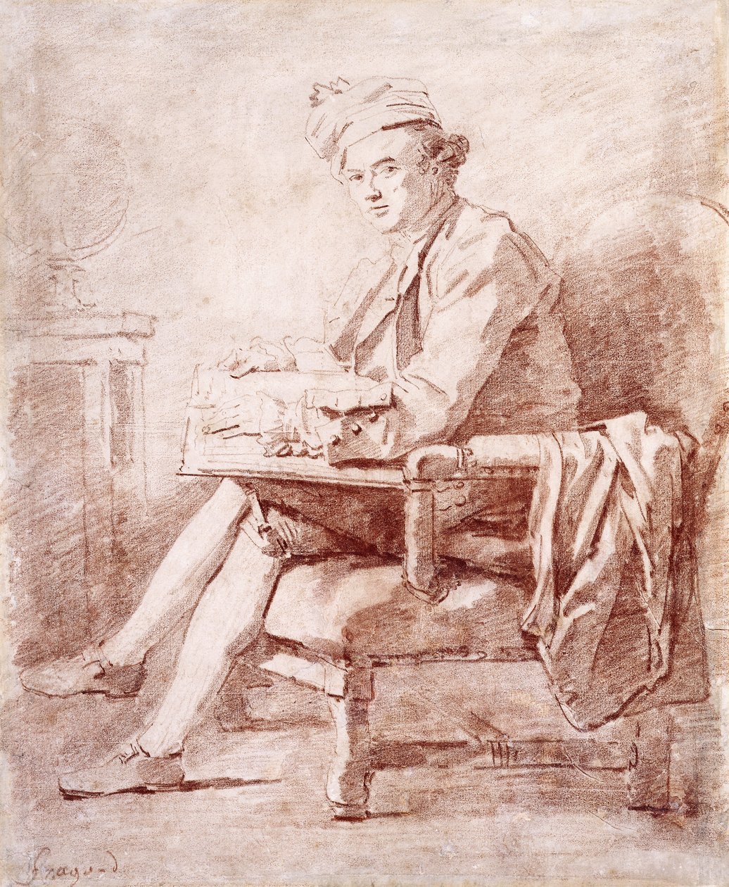 Porträtt av Joseph-Jerome Le Francais de Lalande, i full längd, sittande, i profil till vänster, med en bok, en jordglob vilande på ett bord till vänster, av Jean Honore Fragonard