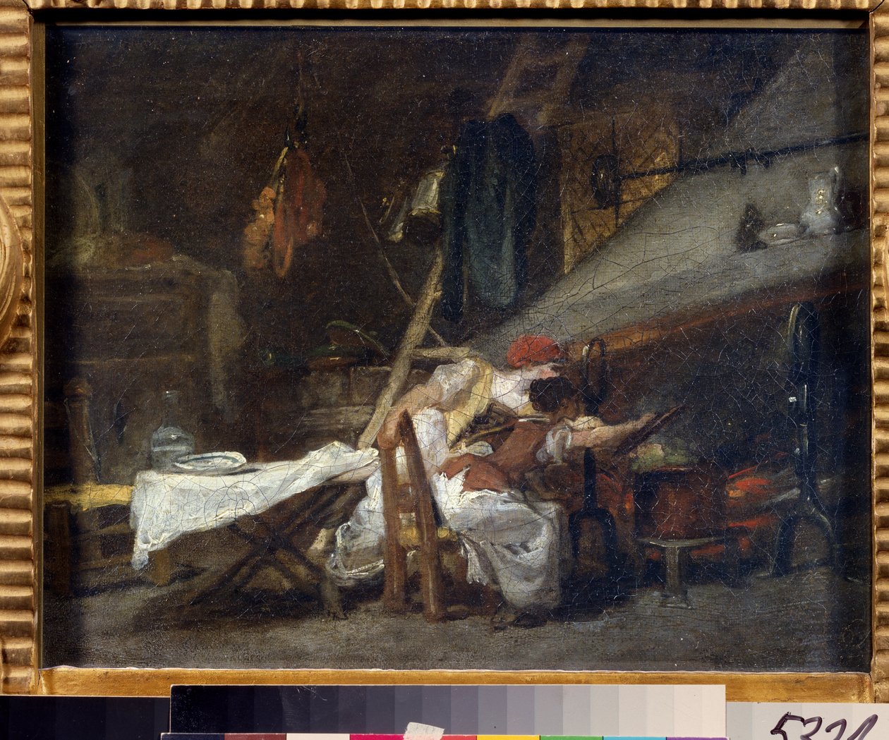 ""Pres du poele"" (Vid spisen) Scen i ett kök, nära spisen, tittar kockar på tillagningen av en maträtt i en gryta. Målning av Jean Honore Fragonard (1732-1806). Olja på duk. Rokoko. Pushkin-museet, Moskva av Jean Honore Fragonard