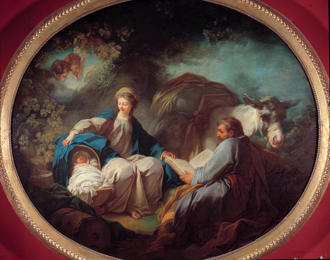 Vila under flygningen till Egypten Den heliga familjen vilar under resan. Målning av Jean Honore Fragonard (1732-1806) 1700-tals privat samling av Jean Honore Fragonard