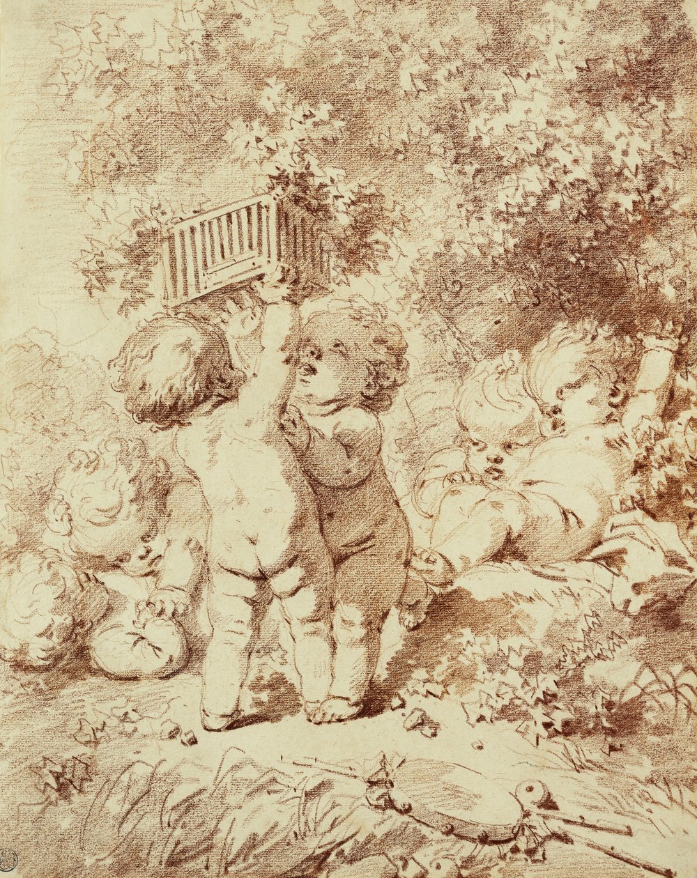 Sex Putti på spel, två håller upp en bur, av Jean Honore Fragonard