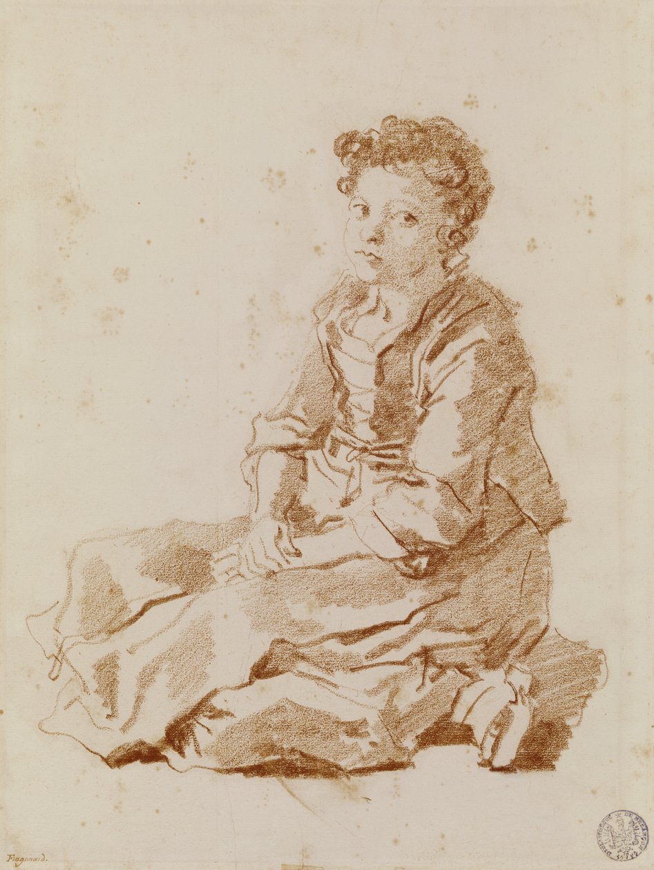 Liten flicka som sitter på marken (röd krita på papper) av Jean Honore Fragonard